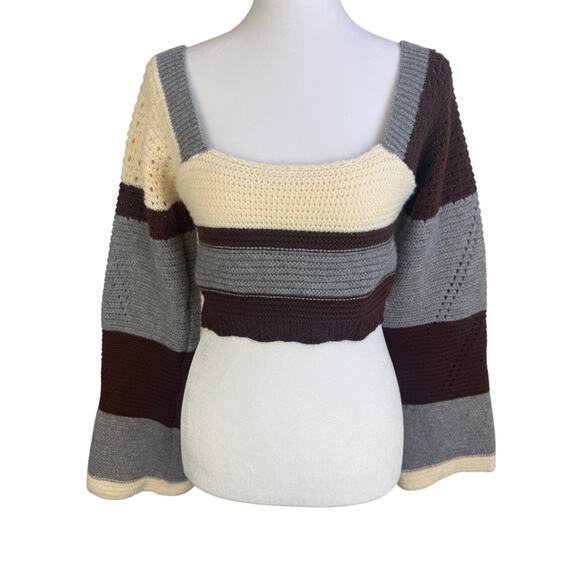 Unbranded Sweaters - Womens Square Neck Long Bell Sleeve Color Block Sweater Crochet Knit Crop Top
